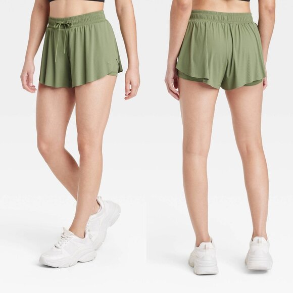 Small - Womens Double Layer Run Shorts 2.5" - JoyLab - Olive Green - Picture 1 of 7